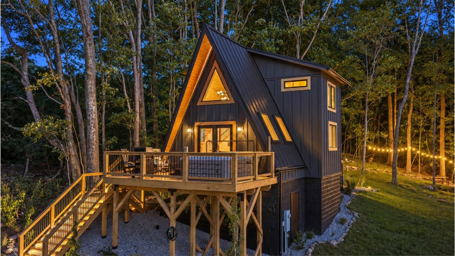 The Nature A-frame cabin in West Jefferson NC with its raised deck and string lights.