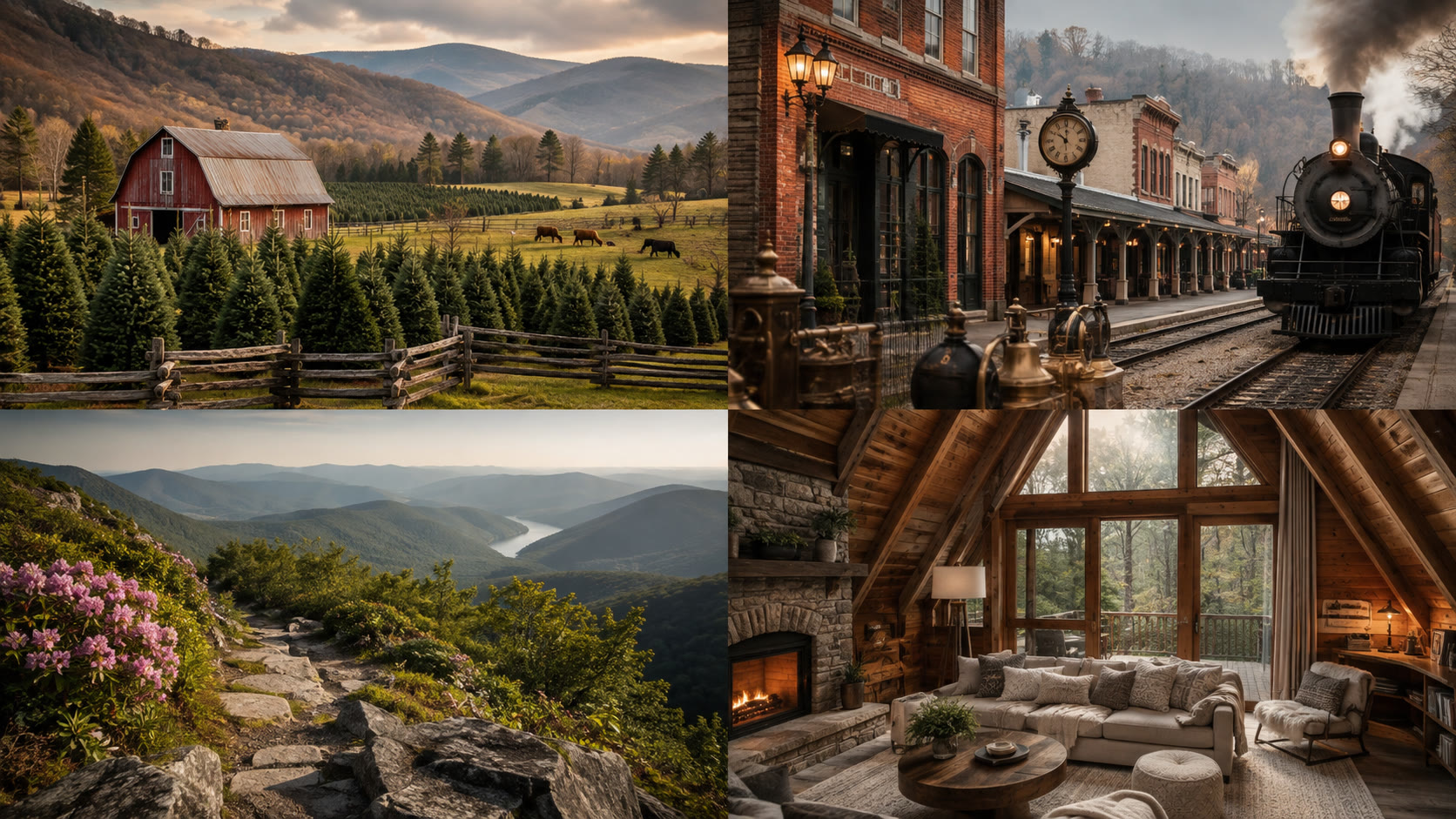 Visual direction for High Peak: farm fields, the railroad town, High Country trails, and a cozy A-frame