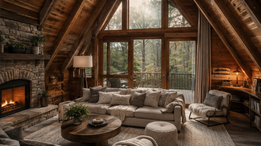 Visual direction for the Cozy A-Frame Cabin: a warm A-frame living room with firelight and woodland views