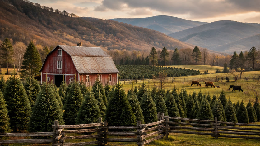 Visual direction for the Farm A-Frame Cabin: Fraser firs, a barn, and cattle in mountain pasture