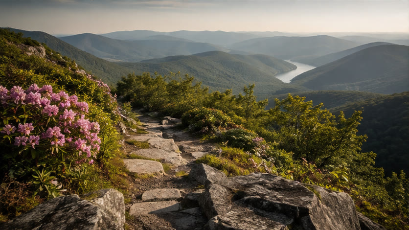 Visual direction for the Nature A-Frame Cabin: a rhododendron-lined High Country trail above layered ridges